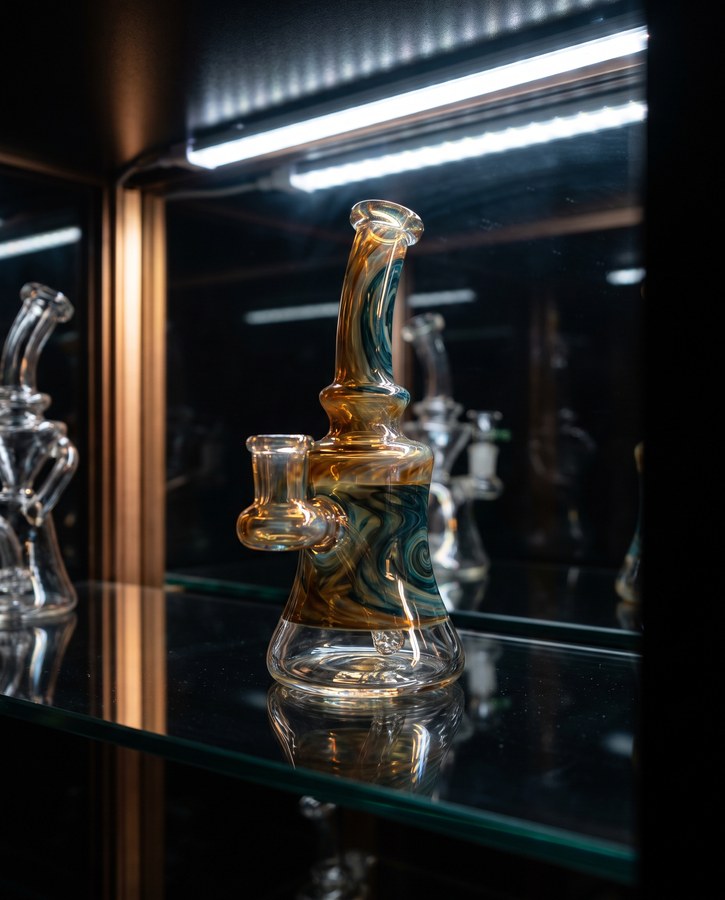 An amber and teal fumed glass water pipe on a lit shelf in the display case