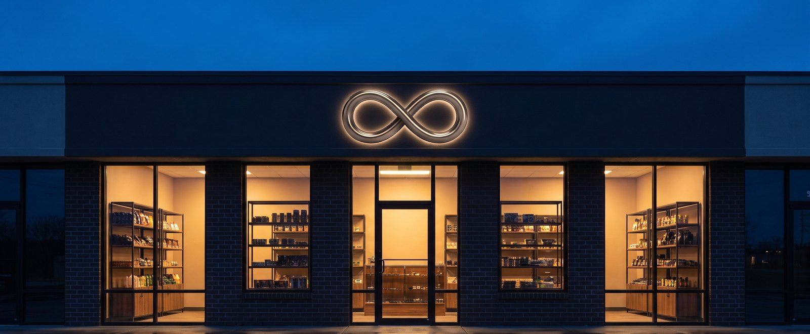 The Infinity Smoke Shop storefront at dusk, with the lit infinity sign above the door